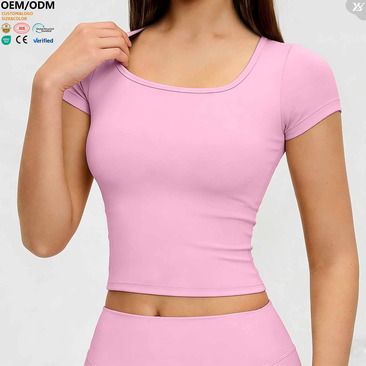 ADX8004 Women Square Neck Short Sleeve Cropped Workout Top Seamless Form Fitting Athletic Shirts Breathable Yoga Tops for Gym