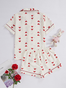 Nuovo Set <span class=keywords><strong>Pigiama</strong></span> con Motivo a Cuori Bianchi, Carino e Morbido con Elastico in Vita, <span class=keywords><strong>Pigiama</strong></span> Estivo da Donna - Product Image 6