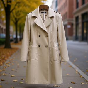 Trench da Donna HDJ Beige Doppiopetto Lungo Casual Autunnale Antivento a Maniche Lunghe con Colletto a Risvolto - Product Image 4