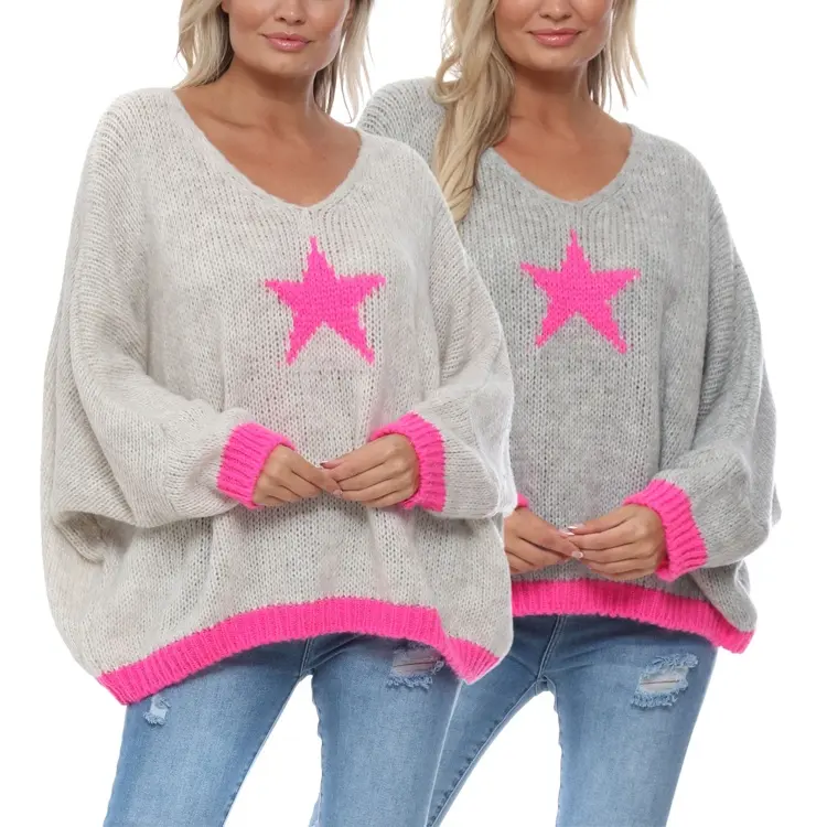 Qingzhihuo Womens rose red star Sweater color block cuff VNeck Knitted Sweater Jumper Tops ladies knitted women pullover sweater