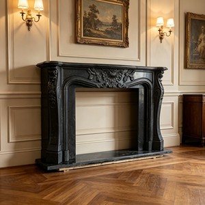 Cheminée autoportante européenne en marbre noir avec manteau de foyer en pierre et têtes de lions à la française pour salon - Product Image 2