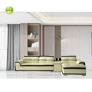 Set Sofa Kayu Ruang Tamu Terbaru Set Sofa Kulit Asli Modern Desain dengan Pemegang Cangkir 8098