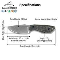 Couteau à lame fixe D2 avec manche en lin, couteau tactique de survie professionnel, vente en gros, couteau de survie tactique personnalisé 3 mm 16 cm D2