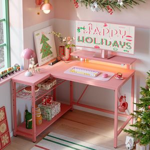 Reversible <strong>Storage</strong> Shelves Workstation <strong>Desk</strong> <strong>Small</strong> Corner Gaming Computer <strong>Desks</strong> Office Bedroom Pink Carbon Fiber L Shaped <strong>Desk</strong> - Product Image 2
