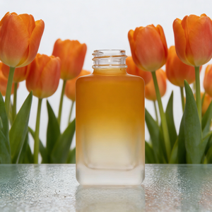 Maßgefertigte Matte Farbverlauf Flasche in Lila-Orange für Kosmetik mit Pipette 60ml 80ml 100ml Quadratische Goldstaub-Tropfflasche für Ätherische Öle - Product Image 3
