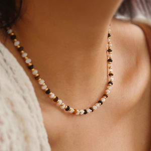 Kalung Choker baja tahan karat trendi perhiasan kalung manik-manik batu mata harimau alami manik-manik kristal hitam putih untuk wanita - Product Image 1