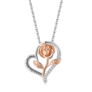 Collana con Ciondolo a Cuore con Rosa, Placcata in Platino con Zirconi, Scritta '<span class=keywords><strong>Ti</strong></span> <span class=keywords><strong>Amo</strong></span> per Sempre', Gioielli alla Moda, Regalo - Product Image 2