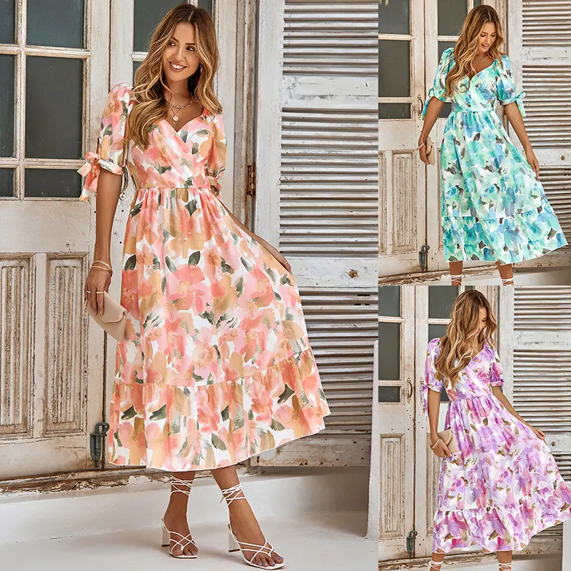 Wholesale Customized Women Clothing Manufacturer Vestidos Floral Printing Puff Sleeve Loose Dress Casual Dress Women For Summer