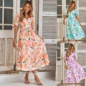 Bán Buôn Tùy Chỉnh Phụ Nữ Quần Áo Nhà Sản Xuất Vestidos Floral In Ấn Phun Tay Áo Lỏng Ăn Mặc Giản Dị Ăn Mặc Phụ Nữ Cho Mùa Hè