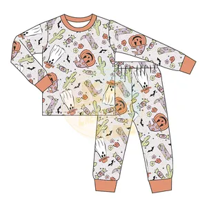 Offre Spéciale personnalisé enfant en bas âge enfants vêtements sous-vêtements sommeil costume à manches longues haut pantalon vêtements de nuit citrouille enfants Halloween pyjamas ensemble