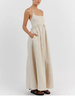 Robe longue en lin pur écologique pour femmes, bretelles spaghetti, col carré, avec poches, doublée, robe d'été pour les vacances
