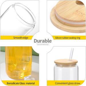 Verres à boire réutilisables en <span class=keywords><strong>verre</strong></span> transparent de 16 oz pour canettes de bière et café glacé, <span class=keywords><strong>avec</strong></span> couvercles en bambou et pailles pour la bière - Product Image 2