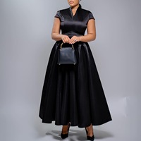 Robe de soirée formelle sur mesure OEM ODM pour femme, grande taille, en satin, col en V, col montant, manches courtes, coupe évasée et volumineuse