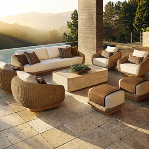 Conjunto de sofás contemporáneos de ratán para exteriores con cojines impermeables para uso en jardín o patio. - Product Image 1