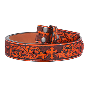 Correa de cinturón de cuero PU con diseño floral retro, sin hebilla, estilo vaquero occidental, correa de repuesto con cierre a presión para hombre - Product Image 4