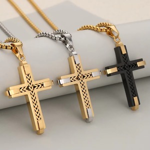 Collar con Colgante de Cruz con Textura Trenzada, en Oro, Plata y Negro, de Acero Inoxidable, Impermeable, Estilo Hip Hop, Joyería Religiosa Cristiana - Product Image 1