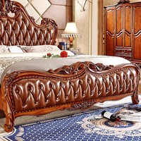 Europäischer Stil Massivholz-Lederbett mit Gepolsterter Rückenlehne 1,8 Meter Retro-Farbe Einzelbett - Schlafzimmermöbel