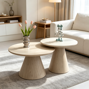 Ensemble de tables basses gigognes rondes en bois clair minimaliste avec piétement conique – Table d'appoint moderne pour salon et hôtel - Product Image 3