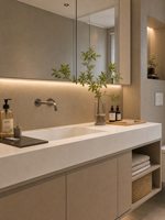 Set Meja Rias Kamar Mandi Modern XINGRUO dengan Wastafel Ganda, Warna Greige, Terpasang di Dinding dengan Kabinet Cermin LED