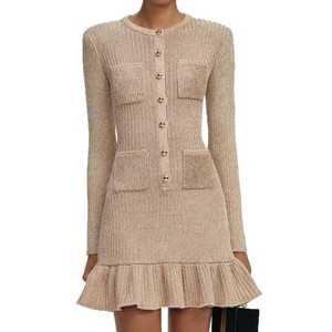 2026 新款奢华女式金色连衣裙圆领长袖针织荷叶边短裙秋季休闲迷你连衣裙女式 - Product Image 1