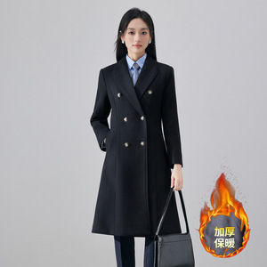 Women's Black Wool Blend Coat Mid Length Double Breasted Warm Office Wear - Product Image 1