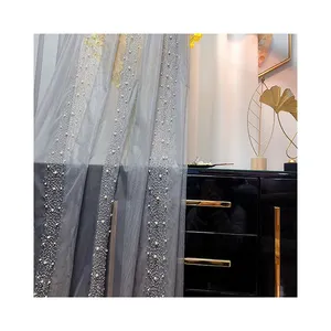Cortina transparente con bordado de perlas de lujo de alta calidad para dormitorio, sala de estar, todas las estaciones