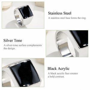 Anillo de Sello Rectangular Negro de Acero Inoxidable con Tono Plateado y Acrílico Negro - Product Image 2
