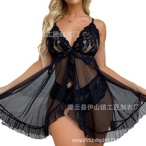 Sexy kant chiffon geweven lingerie set met mesh beugelbeha, bruids nachtkleding voor huwelijksreis, bloemig doorschijnend mesh. - Product Image 5