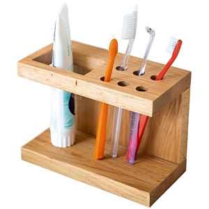 Wood <b>Toothbrush</b> <b>Holder</b> Stand Rectangle Minimalist Bathroom Organizer With Toothpaste Slot Convenient Countertop Rack - Product Image 1
