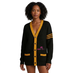 Top Women's Black Yellow V-Neck <b>Cardigan</b> Full Sleeve Vintage Style Double Breasted 100% Acrylic Knit <b>Sweater</b> Winter - Product Image 1