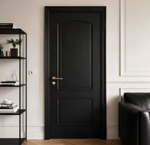 Puerta de Madera Maciza de Estilo Moderno Personalizada, Puerta Abatible Plana Insonorizada para Dormitorio con Rejilla Negra Pintada - Product Image 4