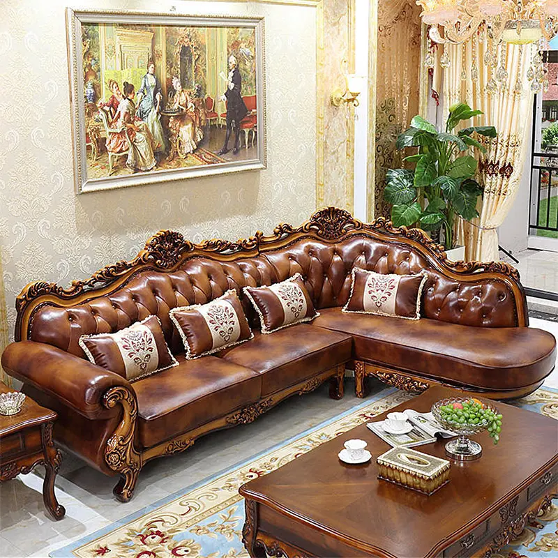 Conjunto de sofá secional, estilo antigo, de alta qualidade, sólido, armação de madeira, sofás de design de luxo, couro, série royal