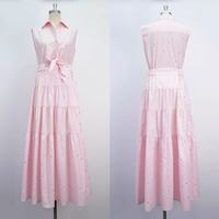 Robe chemise longue en coton français rose pâle ornée de strass, sans manches, cintrée, style jeune et élégant pour l'été