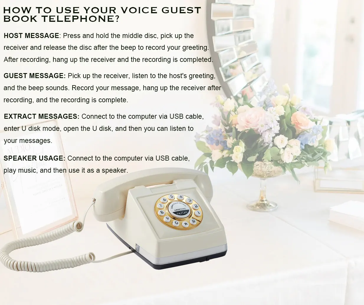 Audio Guestbook Wedding Phone Welcome Sign-In Annual Party Birthday Arrangement Ceremony Audio Wedding Guest Book Phone Recorder