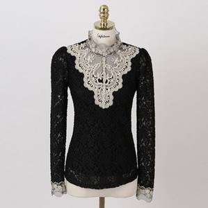 Blusa Elegante de Gasa para Dama con Bordado de Encaje y Cuentas en <span class=keywords><strong>Cuello</strong></span> Alto, Camisa de Manga Larga para Otoño y Primavera - Product Image 5