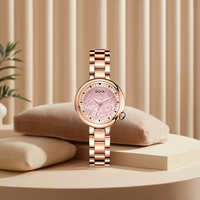 Montre à quartz en or rose pour femme avec cadran rose super lumineux Diamètre du cadran 30mm Affichage du pointeur en strass Produit OEM