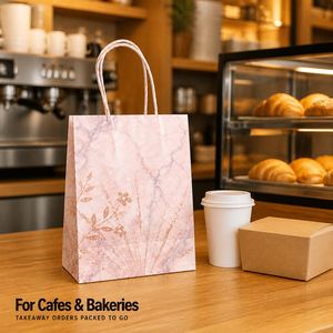Luxury Pink Marble <b>Paper</b> Bag With Gold Foil Floral Design Twisted Handles Recyclable Standard Flat Bag <b>For</b> Cafes And <b>Bakeries</b> - Product Image 1
