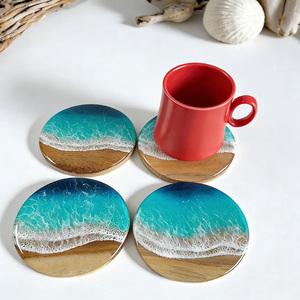 Juego de Posavasos y Tabla de Quesos de Madera con Diseño de Olas Oceánicas Hechos a Mano, Posavasos de Resina Estilo <span class=keywords><strong>Playa</strong></span> para Protección de Mesa, Decoración de Cocina Costera - Product Image 2