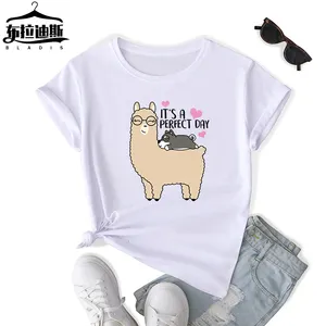 Hete Verkoop Zuidoost Azië Supima Katoenen T-Shirt Vrouwen Mode Casual Korte Mouw-Shirt Schattig Puppy Alpaca Print Vrouwen T-Shirt