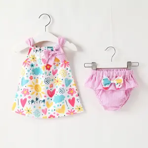 Brand Fashion Infant Newborn Toddler Baby Girls Floral Outfits Cotton Tops Dress+ PP Striped Shorts Sets Summer 2Pcs Clothes