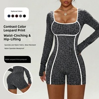 Combinaison courte sans couture à manches longues imprimé guépard/leopard avec bordure contrastante, tenue de sport écologique pour yoga, gym et fitness