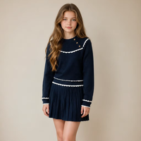 Ensemble de pulls en coton pour filles ODM OEM, automne-hiver, col rond, boutons, dentelle, tricoté à la machine, manches longues, tricot chaud