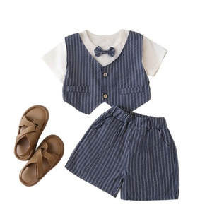 Nouvelle collection été 2025 : Ensemble deux pièces en coton rayé pour garçon, style coréen, avec <span class=keywords><strong>gilet</strong></span> à nœud papillon et manches courtes - Product Image 6