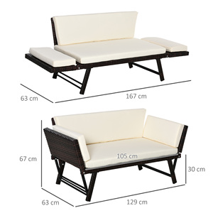 Outsunny Sofá 2 Plazas con Reposabrazos Extensibles para Jardín Rattan 129x63x67cm Blanco, Marrón - Product Image 3