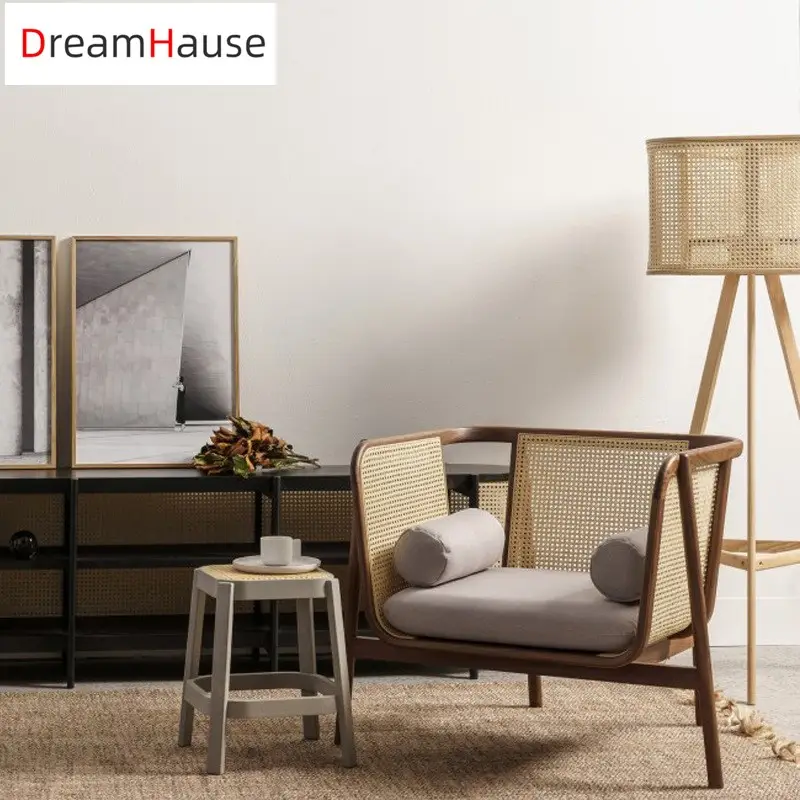 Высококачественный современный французский скандинавский одноместный диван dreamhome из ротанга из массива дерева, комплект диванов для гостиной, лобби, патио