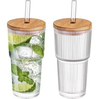 Gobelet en verre à rayures verticales attrayantes de style INS, 20 oz, avec couvercle en bambou, pour café froid, jus, boisson