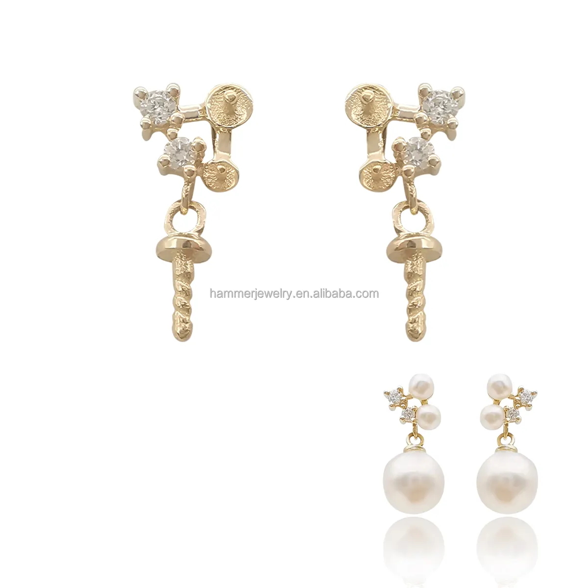 Au585 14k 14ct Gold Diamonds Fine Jewelry Drop Earring Mounting Pearl Round GEM Stones Jewelry Finding