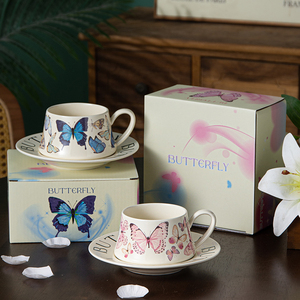 ชุดถ้วยชา Exquisite Butterfly 270 มล. 9 ออนซ์ ถ้วยชาหรูหราพร้อมจานรอง ถ้วยกาแฟเซรามิกแบบใช้ซ้ำได้ พร้อมถาด - Product Image 1