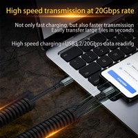 Cable de datos PD 100W tipo C a tipo C, 20Gbps, transferencia de vídeo 8k 60hz, cable de carga de resorte de 180CM para teléfono, portátil, tableta y monitor