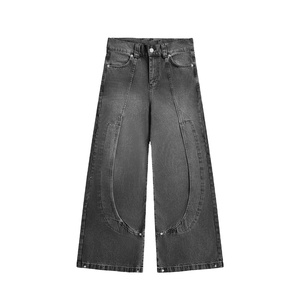 Tùy Chỉnh Cao Đường Phố <span class=keywords><strong>Bungee</strong></span> Phong Cách Tương Phản Cong Đường May Tấm Denim Quần Baggy Jeans Hip Hop Người Đàn Ông Thẳng Rộng Chân Bảng Điều Chỉnh Jean - Product Image 3